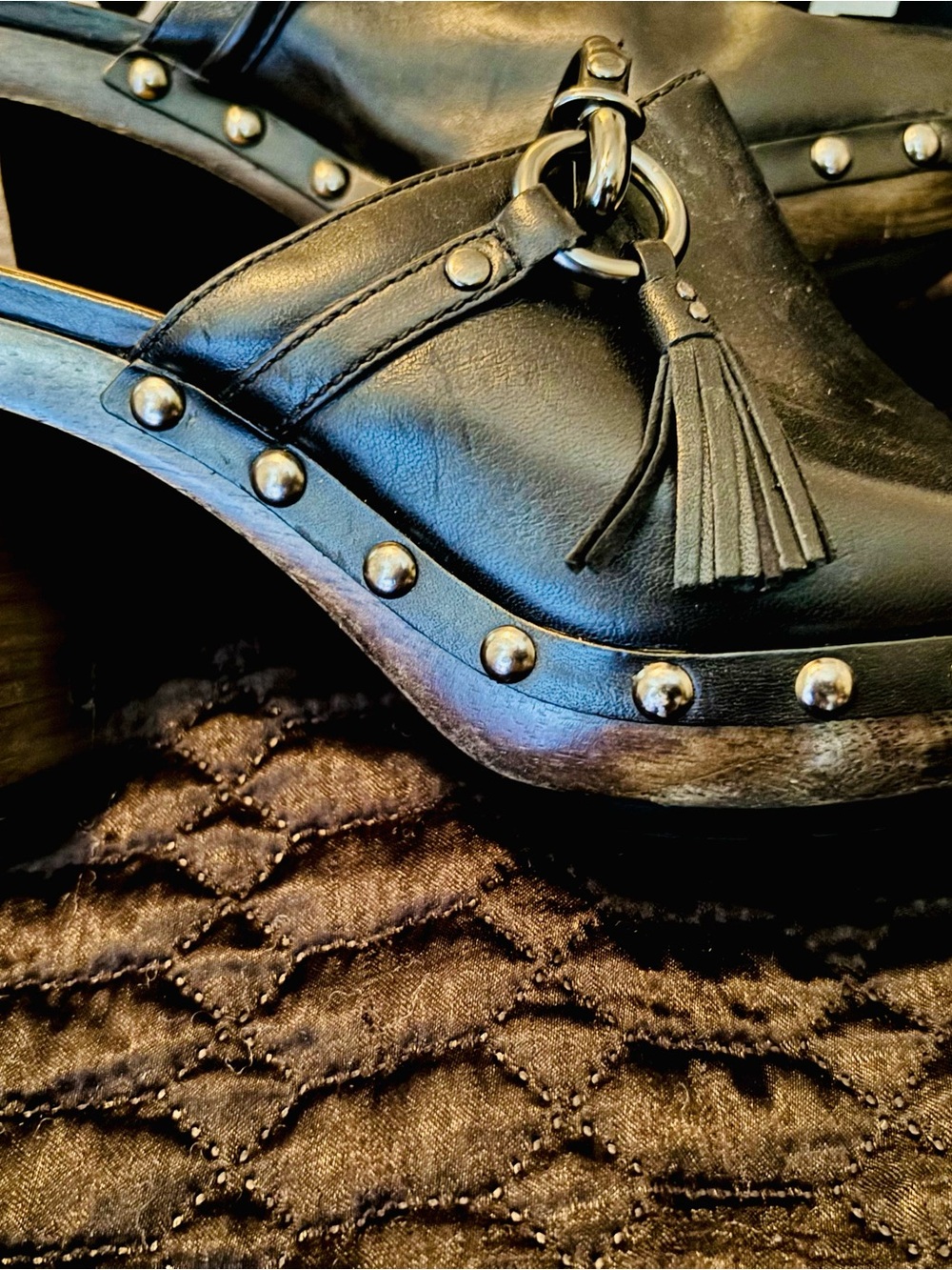 Coach Black Leather Tassel Studded Clog Mules